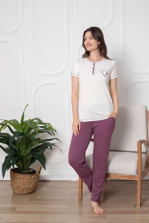 Ekru Üç Düğmeli Nakışlı Bayan Pijama Takımı 2790KY - 4