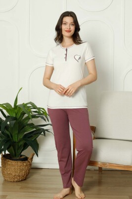 Ekru Üç Düğmeli Nakışlı Bayan Pijama Takımı 2790KY - Alimer