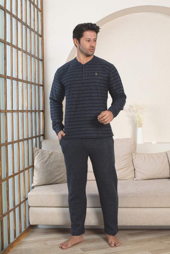 Erkek Eşofman Pijama Takımı - Lacivert Kışlık Şardonlu Selanik Kumaş 1220UK - 1