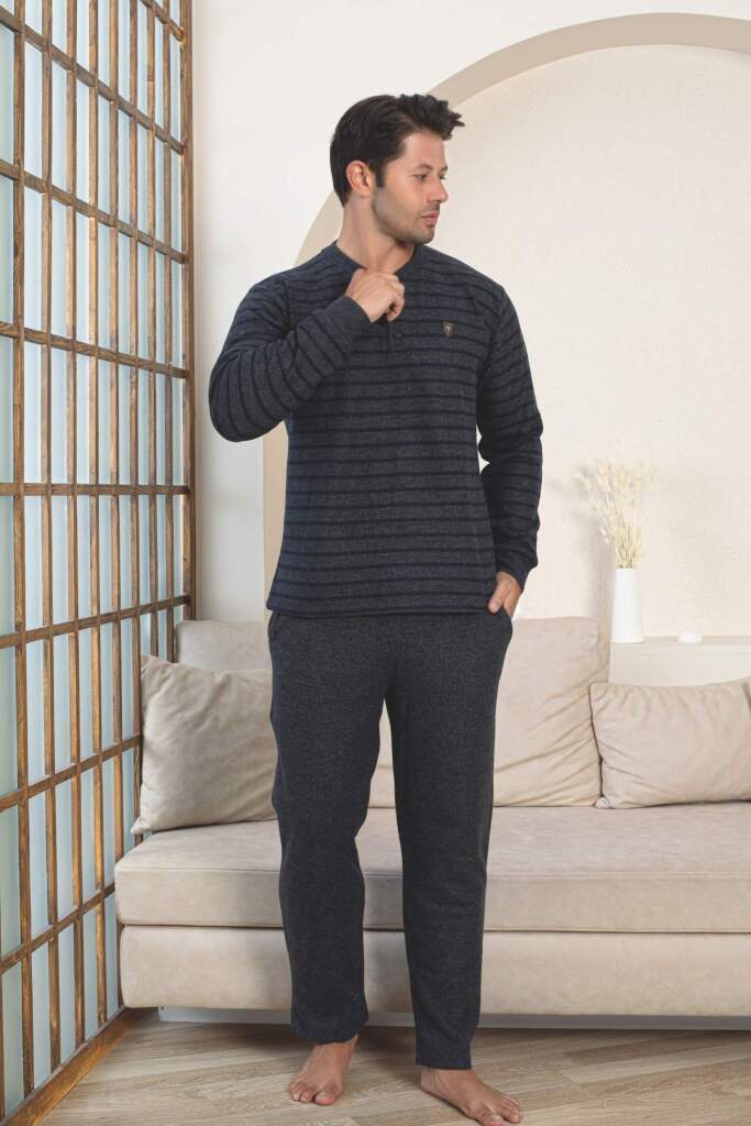 Erkek Eşofman Pijama Takımı - Lacivert Kışlık Şardonlu Selanik Kumaş 1220UK - 3