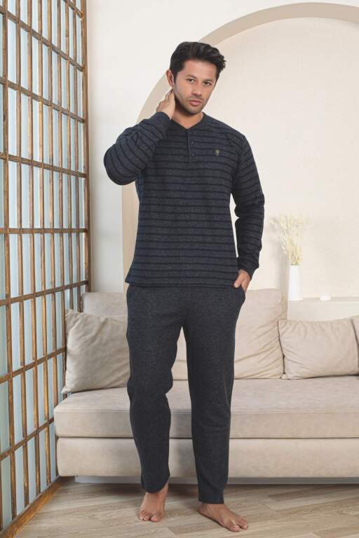 Erkek Eşofman Pijama Takımı - Lacivert Kışlık Şardonlu Selanik Kumaş 1220UK - 4