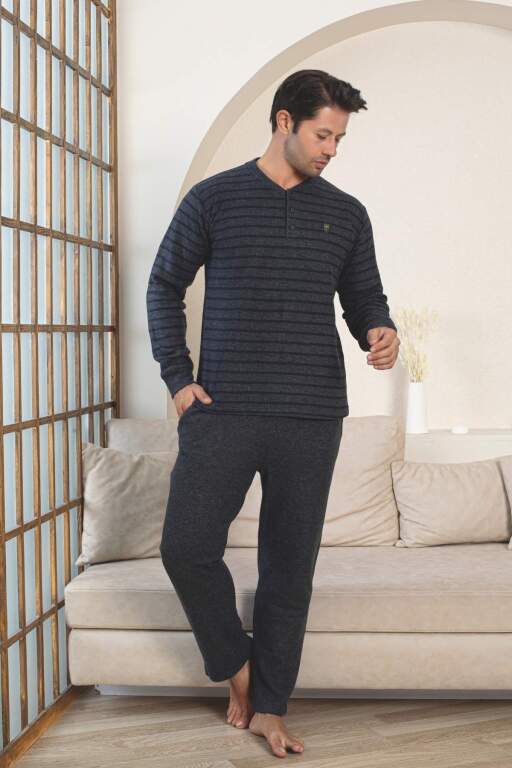 Erkek Eşofman Pijama Takımı - Lacivert Kışlık Şardonlu Selanik Kumaş 1220UK - 5