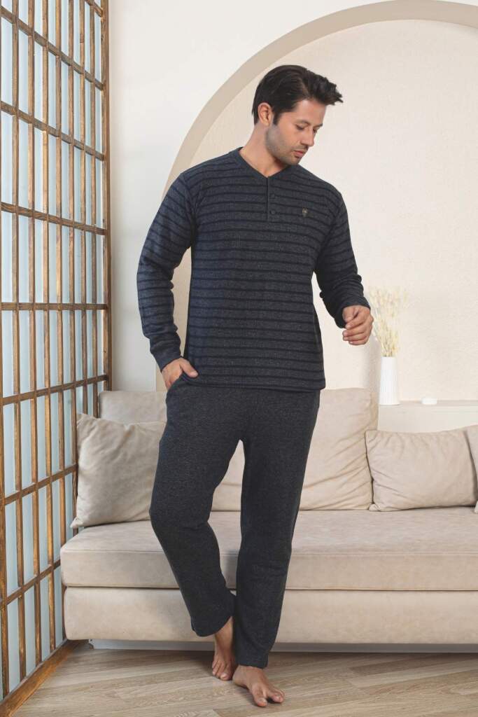 Erkek Eşofman Pijama Takımı - Lacivert Kışlık Şardonlu Selanik Kumaş 1220UK - 5
