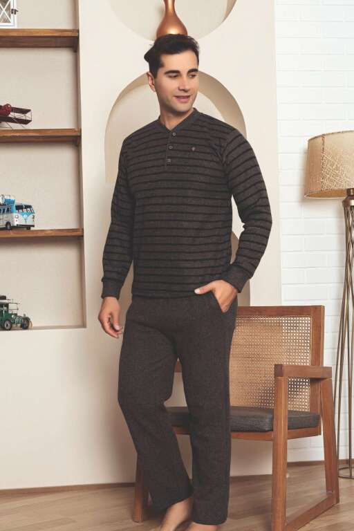 Erkek Eşofman Pijama Takımı - Kahverengi Kışlık Şardonlu Selanik Kumaş 1220UK - Alimer