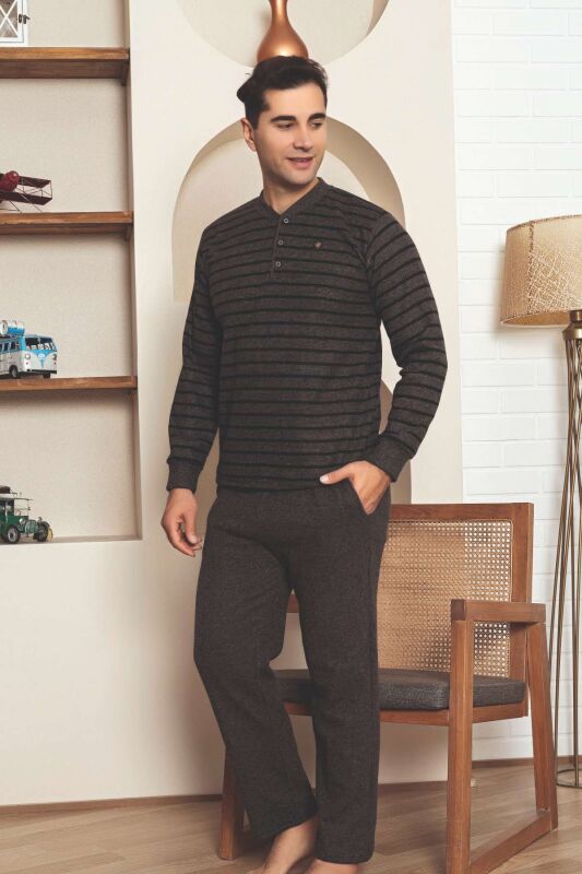 Erkek Eşofman Pijama Takımı - Kahverengi Kışlık Şardonlu Selanik Kumaş 1220UK - 1