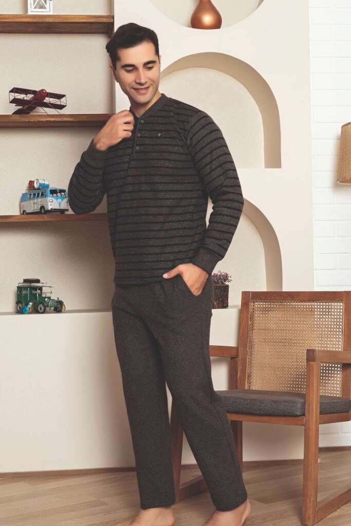 Erkek Eşofman Pijama Takımı - Kahverengi Kışlık Şardonlu Selanik Kumaş 1220UK - 2
