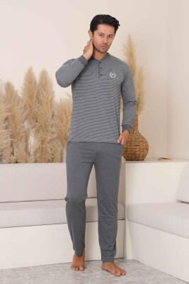 Erkek Pijama Takımı - Antrasit Çizgili Arma Nakışlı Likralı Uzun Kollu Penye 1219UY - Alimer (1)