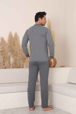 Erkek Pijama Takımı - Antrasit Çizgili Arma Nakışlı Likralı Uzun Kollu Penye 1219UY - 5