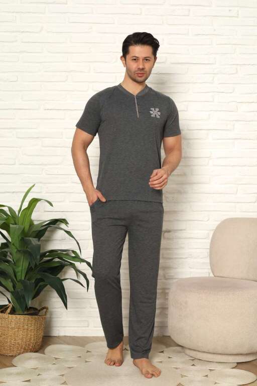 Erkek Pijama Takımı - Antrasit Kısa Kollu Penye 1219KY - 3