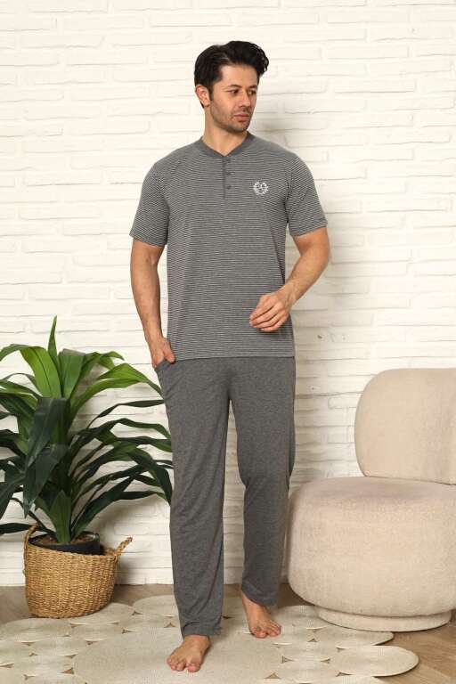 Erkek Pijama Takımı - Antrasit Kısa Kollu Penye 1219KY - Alimer