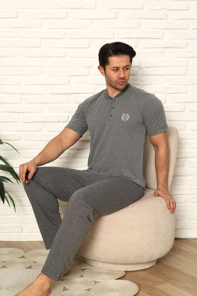 Erkek Pijama Takımı - Antrasit Kısa Kollu Penye 1219KY - 2