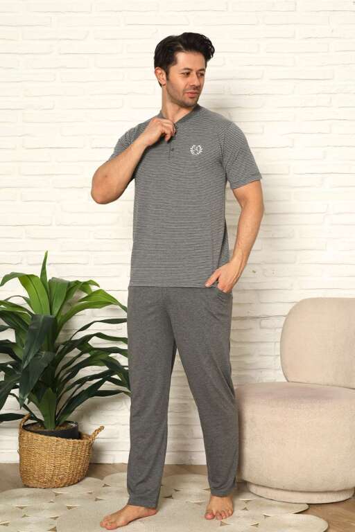 Erkek Pijama Takımı - Antrasit Kısa Kollu Penye 1219KY - 4