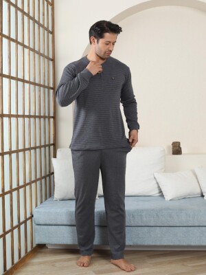 Erkek Pijama Takımı - Antrasit Çizgili Kışlık İnterlok 1221UK - 2