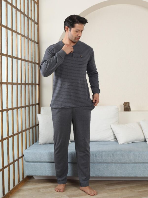 Erkek Pijama Takımı - Antrasit Çizgili Kışlık İnterlok 1221UK - 2