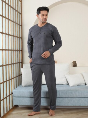 Erkek Pijama Takımı - Antrasit Çizgili Kışlık İnterlok 1221UK - 4