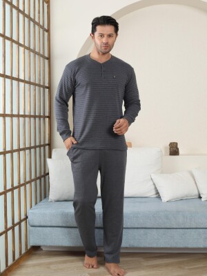 Erkek Pijama Takımı - Antrasit Çizgili Kışlık İnterlok 1221UK - 1