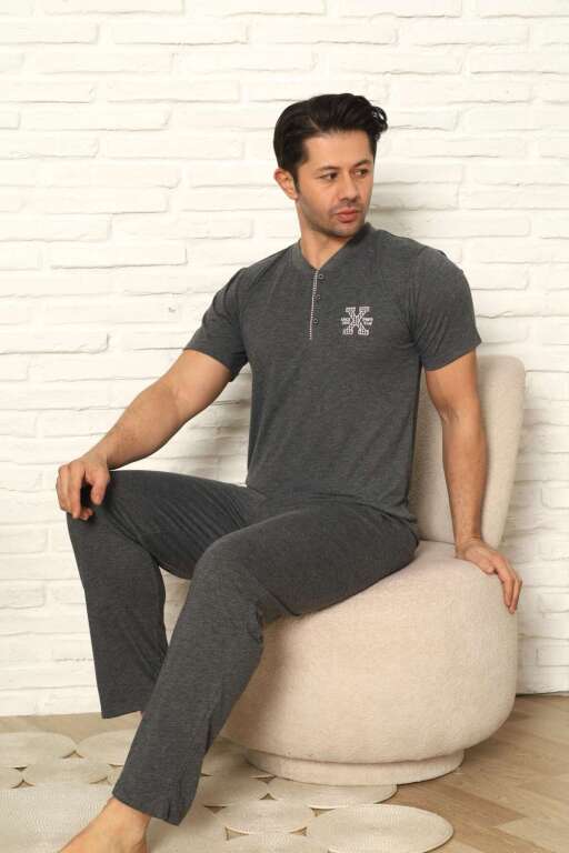 Erkek Pijama Takımı - Antrasit Nakışlı Kısa Kollu Penye 1102KY - Alimer (1)
