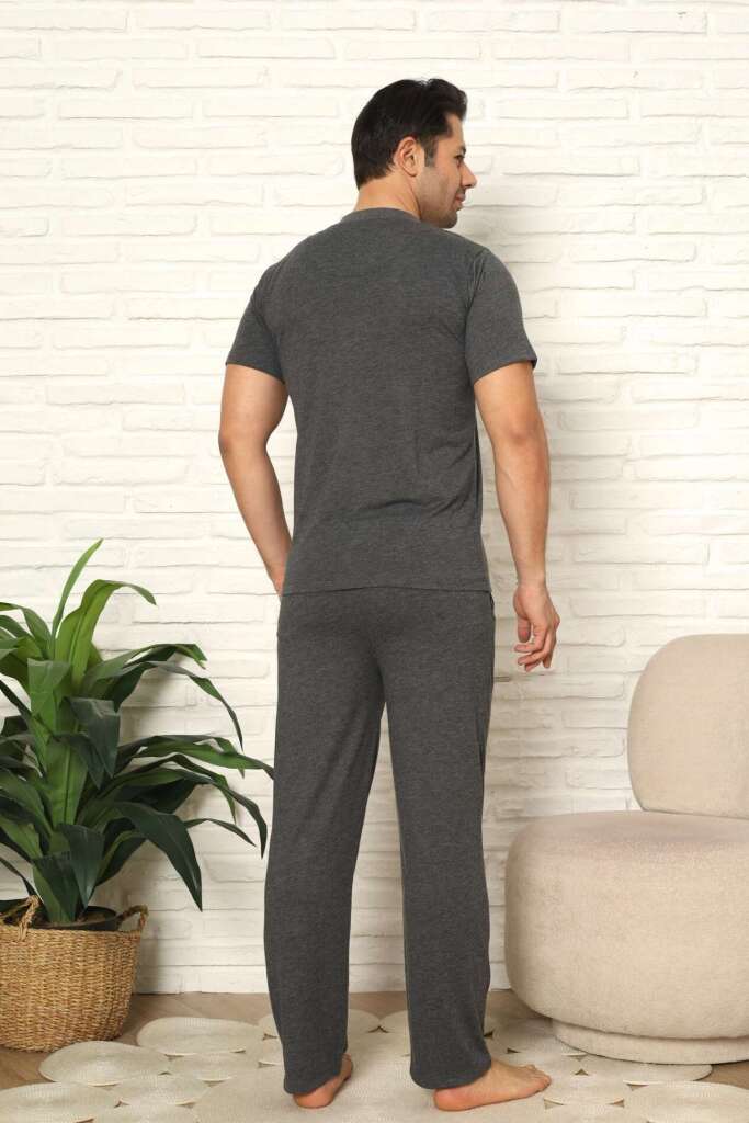 Erkek Pijama Takımı - Antrasit Nakışlı Kısa Kollu Penye 1102KY - 4