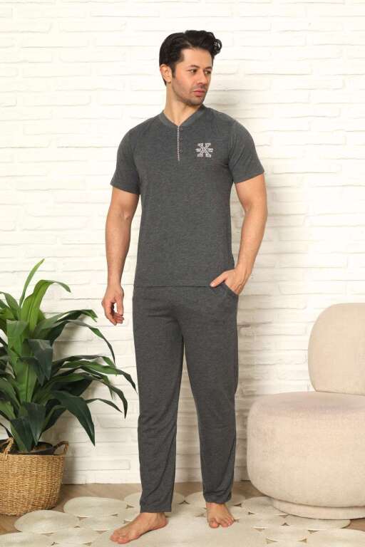 Erkek Pijama Takımı - Antrasit Nakışlı Kısa Kollu Penye 1102KY - Alimer