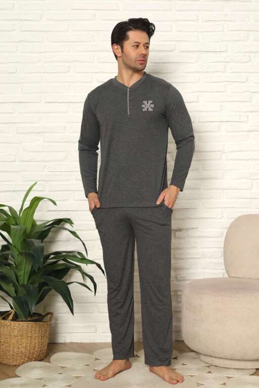 Erkek Pijama Takımı - Antrasit Nakışlı Uzun Kollu Penye 1102UY - Alimer