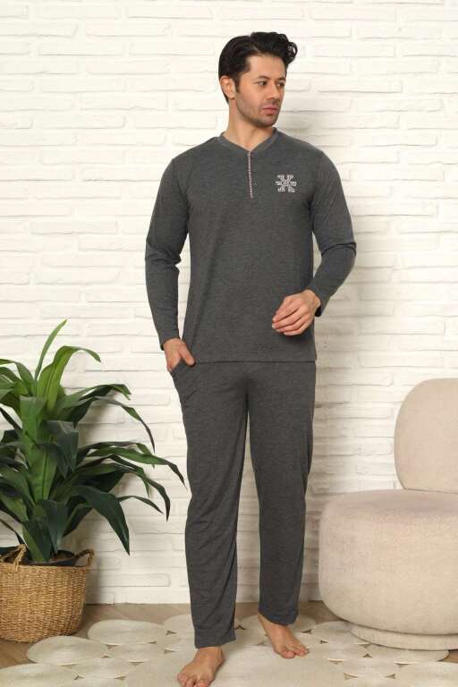 Erkek Pijama Takımı - Antrasit Nakışlı Uzun Kollu Penye 1102UY - 3