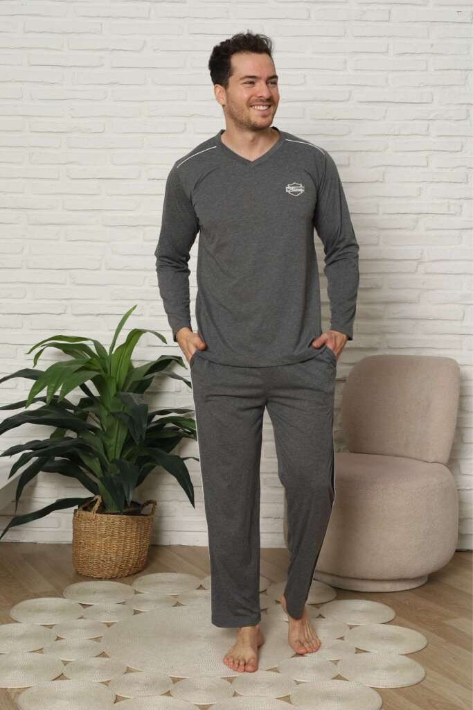 Erkek Pijama Takımı - Antrasit Arma Nakışlı Biyeli Uzun Kollu Penye 1216UY - 3