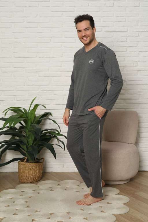 Erkek Pijama Takımı - Antrasit Arma Nakışlı Biyeli Uzun Kollu Penye 1216UY - Alimer
