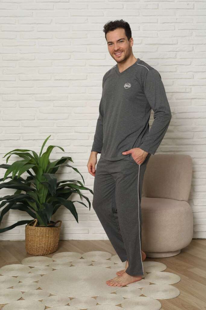 Erkek Pijama Takımı - Antrasit Arma Nakışlı Biyeli Uzun Kollu Penye 1216UY - 1