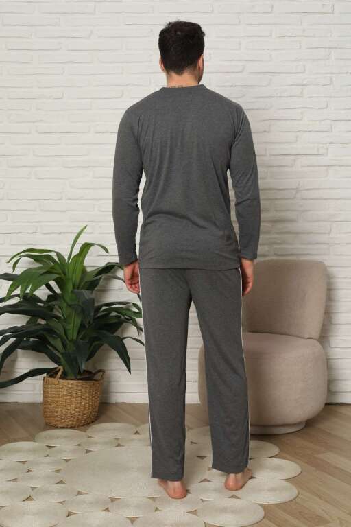 Erkek Pijama Takımı - Antrasit Arma Nakışlı Biyeli Uzun Kollu Penye 1216UY - 4