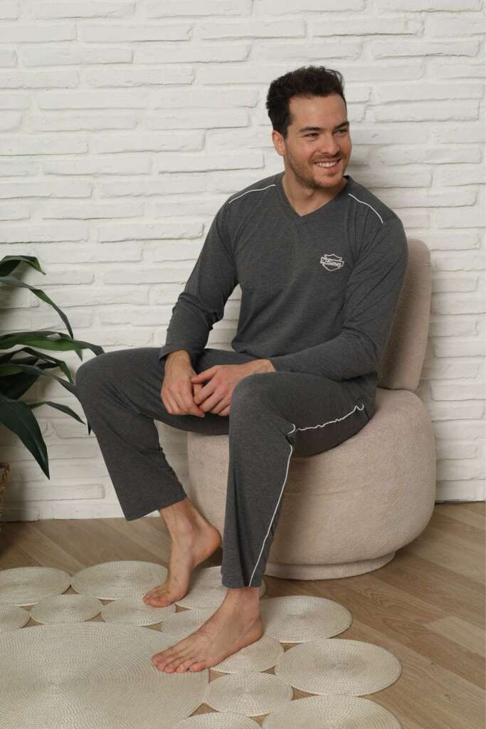 Erkek Pijama Takımı - Antrasit Arma Nakışlı Biyeli Uzun Kollu Penye 1216UY - 2