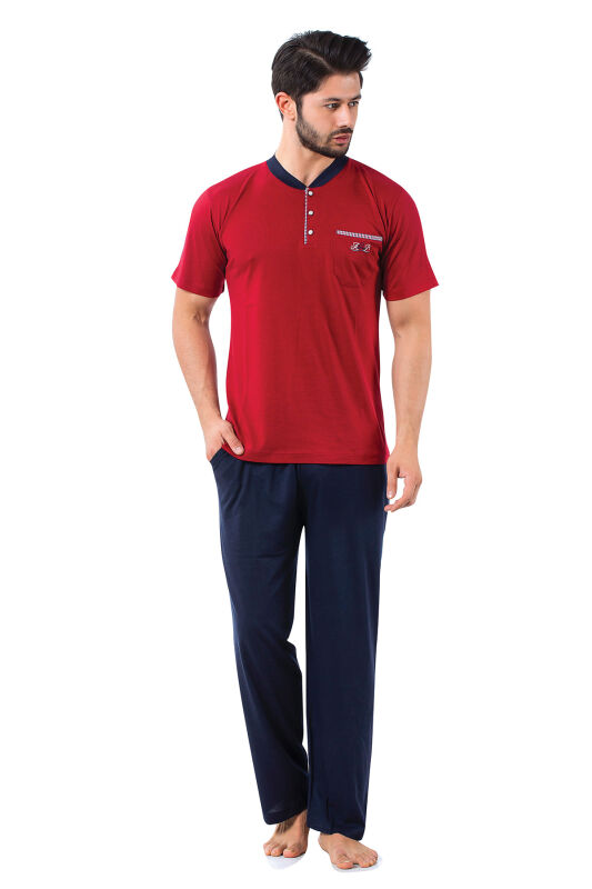 Erkek Pijama Takımı - Bordo Arma Nakışlı Likralı Kısa Kollu Penye 1194KY - 1