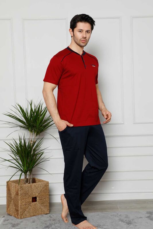 Erkek Pijama Takımı - Bordo Arma Nakışlı Likralı Kısa Kollu Penye 1129KY - 1