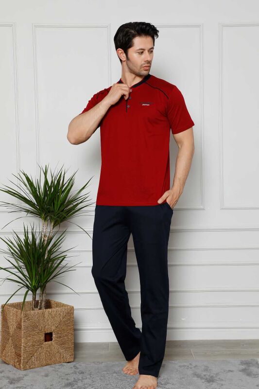 Erkek Pijama Takımı - Bordo Arma Nakışlı Likralı Kısa Kollu Penye 1129KY - 2