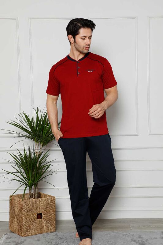 Erkek Pijama Takımı - Bordo Arma Nakışlı Likralı Kısa Kollu Penye 1129KY - 4
