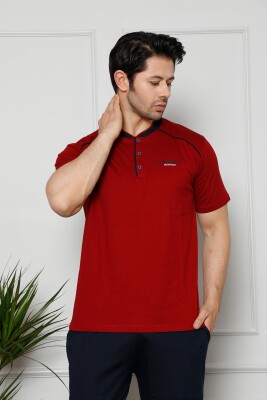 Erkek Pijama Takımı - Bordo Arma Nakışlı Likralı Kısa Kollu Penye 1129KY - 3