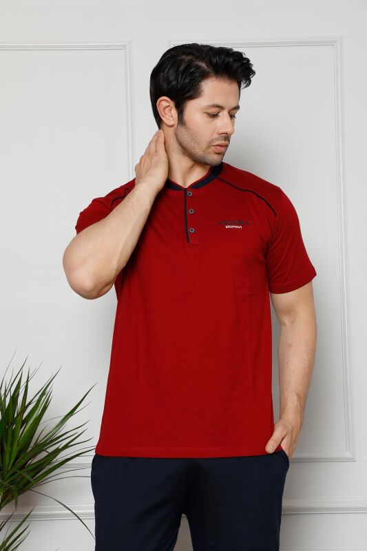 Erkek Pijama Takımı - Bordo Arma Nakışlı Likralı Kısa Kollu Penye 1129KY - 3