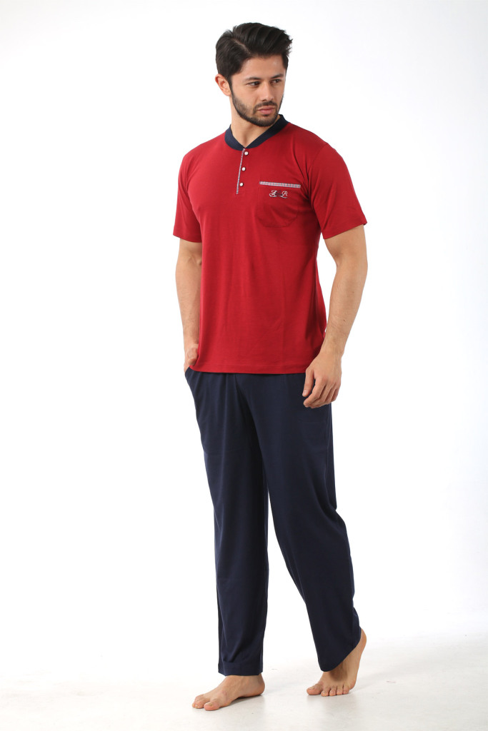 Erkek Pijama Takımı - Bordo Arma Nakışlı Likralı Kısa Kollu Penye 1194KY - 1