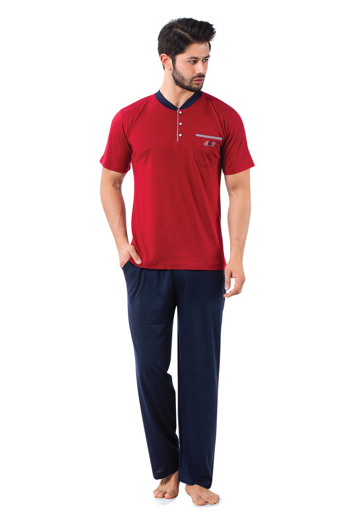 Erkek Pijama Takımı - Bordo Arma Nakışlı Likralı Kısa Kollu Penye 1194KY - 2