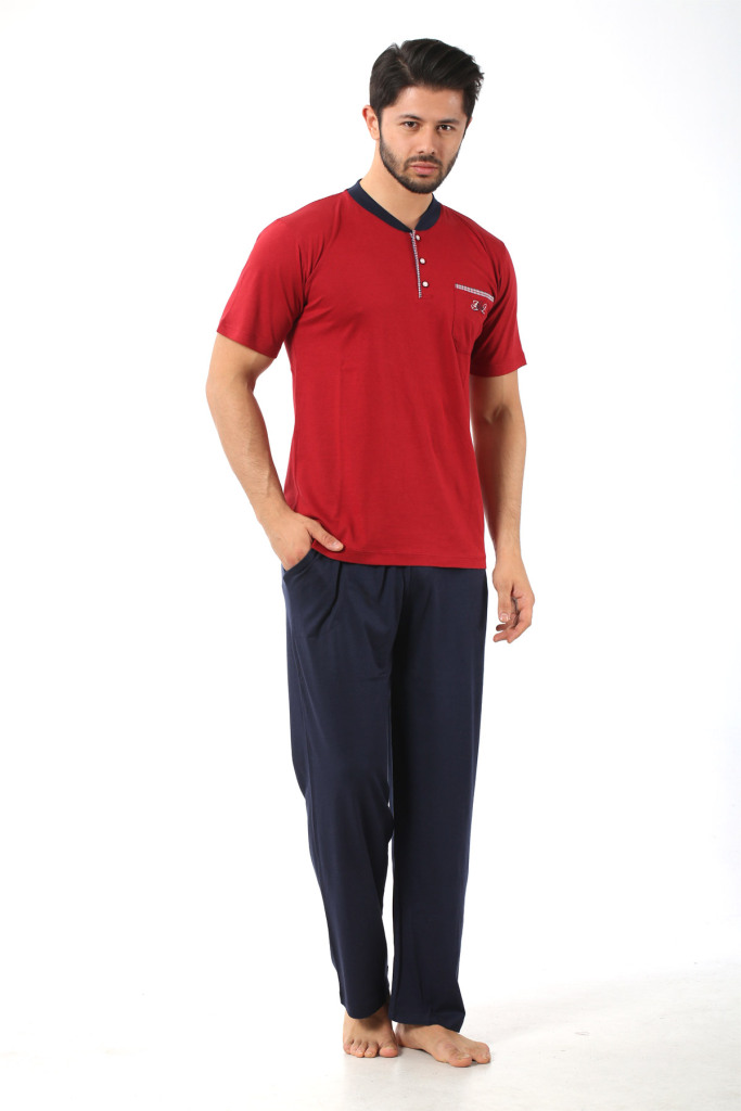 Erkek Pijama Takımı - Bordo Arma Nakışlı Likralı Kısa Kollu Penye 1194KY - 3