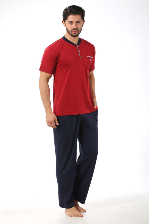 Erkek Pijama Takımı - Bordo Arma Nakışlı Likralı Kısa Kollu Penye 1194KY - 4
