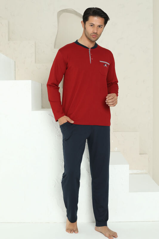 Erkek Pijama Takımı - Bordo Arma Nakışlı Likralı Uzun Kollu Penye 1194UK - 1