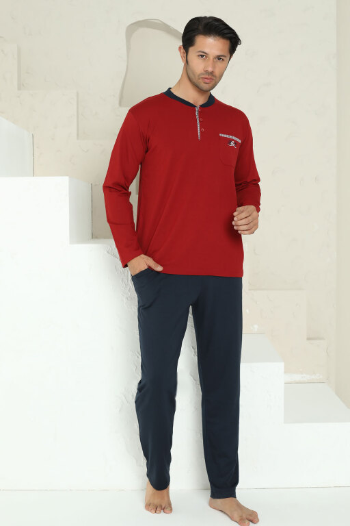 Erkek Pijama Takımı - Bordo Arma Nakışlı Likralı Uzun Kollu Penye 1194UK - Alimer (1)