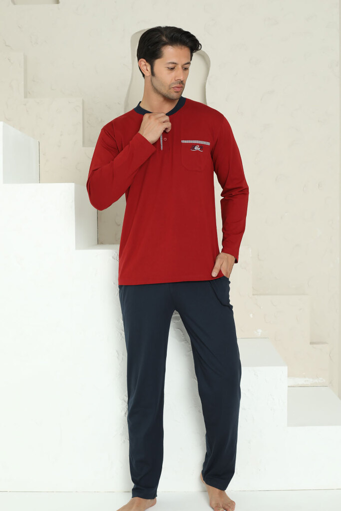 Erkek Pijama Takımı - Bordo Arma Nakışlı Likralı Uzun Kollu Penye 1194UK - 3