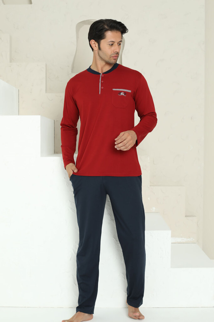 Erkek Pijama Takımı - Bordo Arma Nakışlı Likralı Uzun Kollu Penye 1194UK - 1