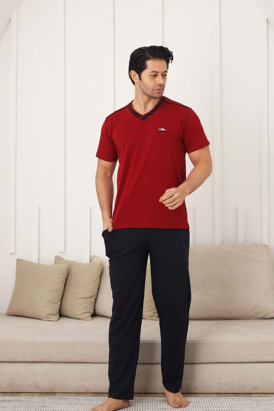 Erkek Pijama Takımı - Bordo Arma Nakışlı Likralı V Yaka Kısa Kollu 1212KY - 1