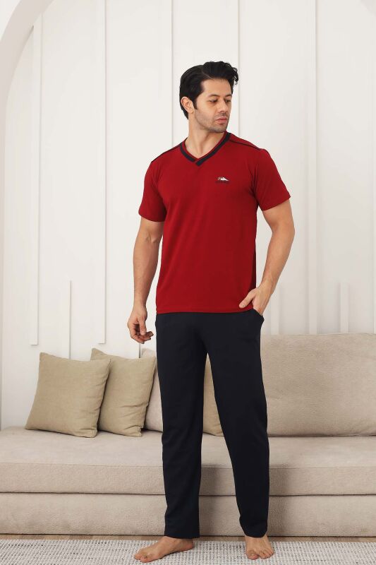 Erkek Pijama Takımı - Bordo Arma Nakışlı Likralı V Yaka Kısa Kollu 1212KY - 2