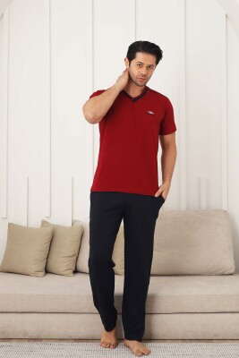Erkek Pijama Takımı - Bordo Arma Nakışlı Likralı V Yaka Kısa Kollu 1212KY - 4