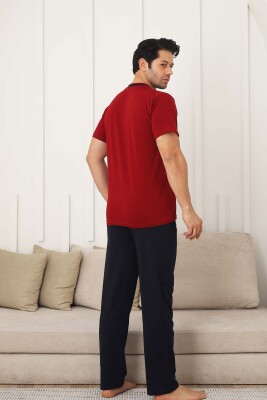 Erkek Pijama Takımı - Bordo Arma Nakışlı Likralı V Yaka Kısa Kollu 1212KY - 5