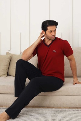 Erkek Pijama Takımı - Bordo Arma Nakışlı Likralı V Yaka Kısa Kollu 1212KY - 3