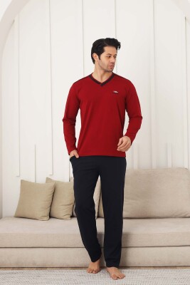Erkek Pijama Takımı - Bordo Arma Nakışlı Likralı V Yaka Uzun Kollu Penye 1212UY - 1